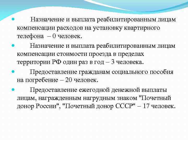  Назначение и выплата реабилитированным лицам компенсации расходов на установку квартирного телефона 0 человек.