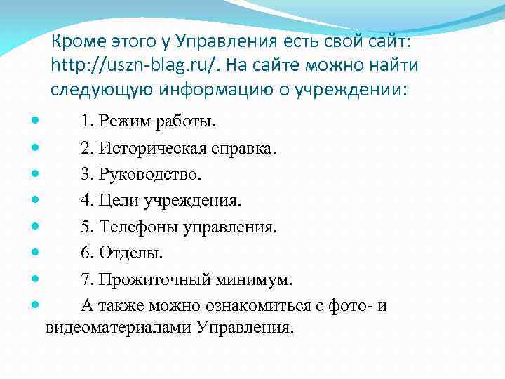 Кроме этого у Управления есть свой сайт: http: //uszn-blag. ru/. На сайте можно найти