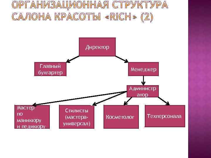Директор Главный бухгартер Менеджер Администр атор Мастер по маникюру и педикюру Стилисты (мастерауниверсал) Косметолог