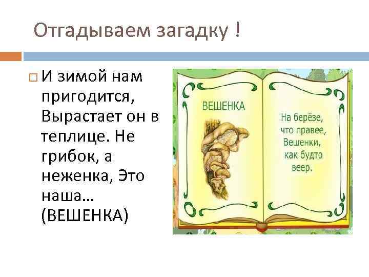  Отгадываем загадку ! И зимой нам пригодится, Вырастает он в теплице. Не грибок,