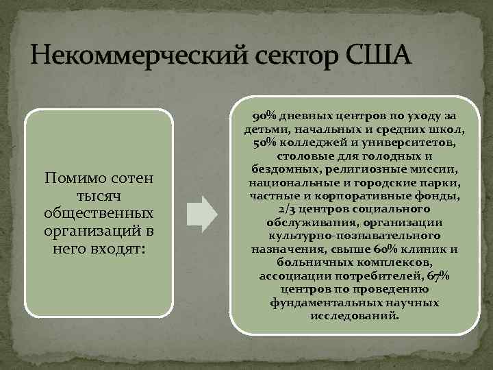 Некоммерческий сектор США Помимо сотен тысяч общественных организаций в него входят: 90% дневных центров