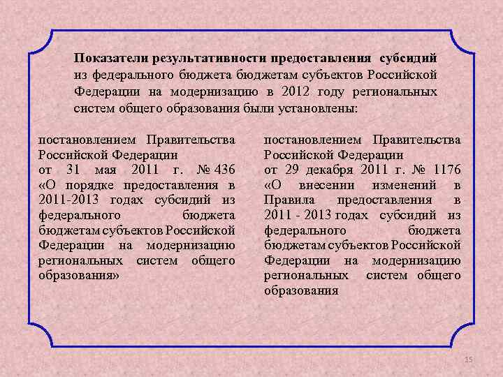 Показатели результативности предоставления субсидий из федерального бюджетам субъектов Российской Федерации на модернизацию в 2012