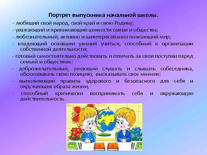 Портрет выпускника начальной школы. - любящий свой народ, свой край и свою Родину; -