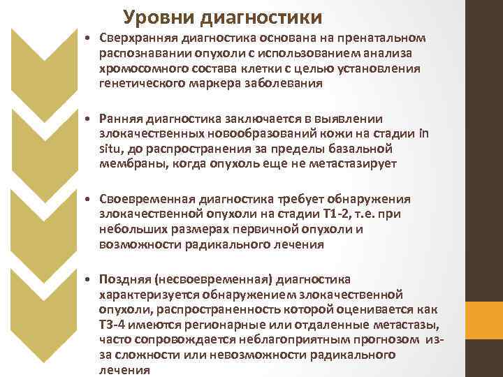 Уровни диагностики • Сверхранняя диагностика основана на пренатальном распознавании опухоли с использованием анализа хромосомного