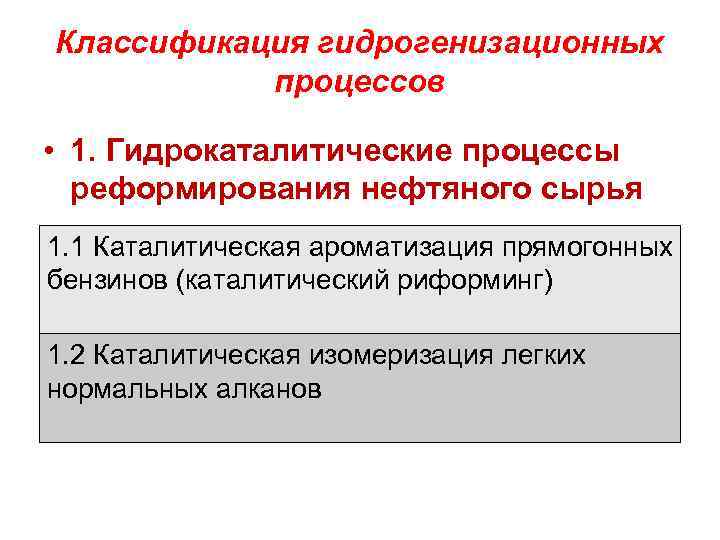 Классификация гидрогенизационных процессов • 1. Гидрокаталитические процессы реформирования нефтяного сырья 1. 1 Каталитическая ароматизация