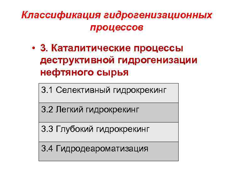 Классификация гидрогенизационных процессов • 3. Каталитические процессы деструктивной гидрогенизации нефтяного сырья 3. 1 Селективный