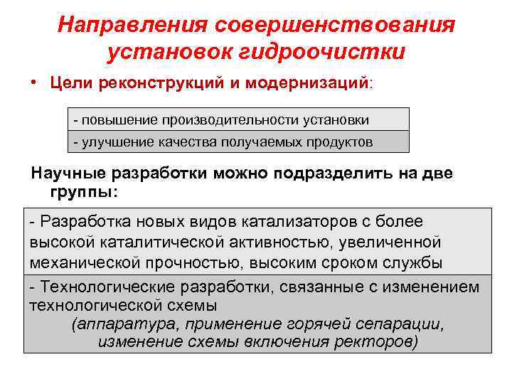 Направления совершенствования установок гидроочистки • Цели реконструкций и модернизаций: - повышение производительности установки -