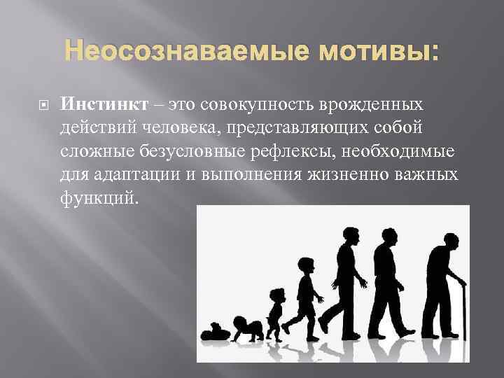 Неосознаваемые мотивы: Инстинкт – это совокупность врожденных действий человека, представляющих собой сложные безусловные рефлексы,