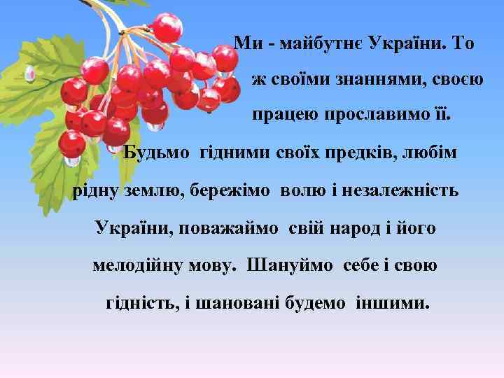Ми - майбутнє України. То ж своїми знаннями, своєю працею прославимо її. Будьмо гідними