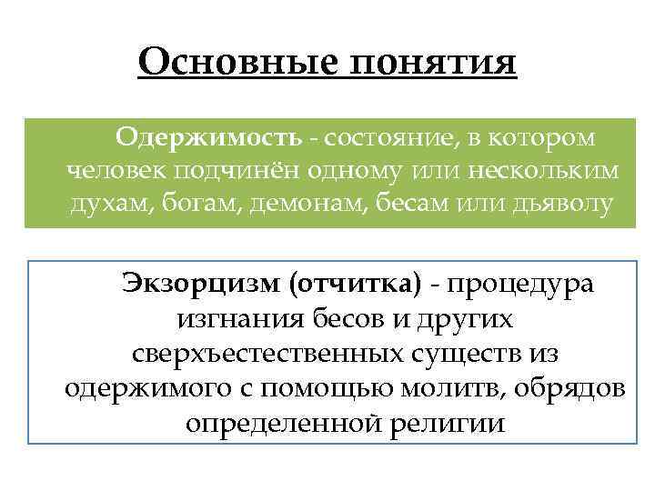 Основные понятия Одержимость - состояние, в котором человек подчинён одному или нескольким духам, богам,