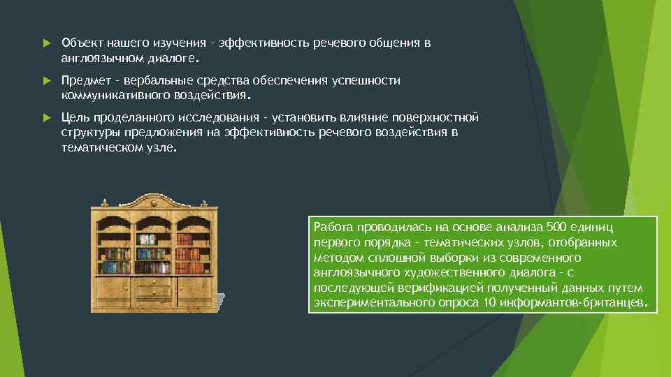  Объект нашего изучения – эффективность речевого общения в англоязычном диалоге. Предмет – вербальные