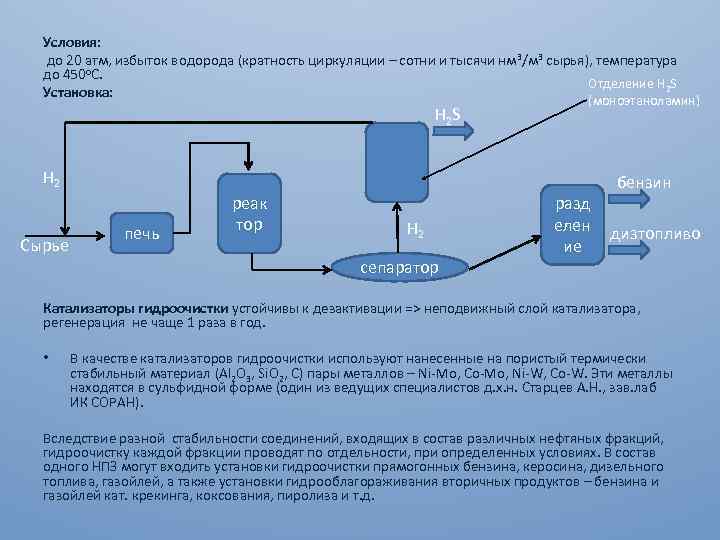 Условия: до 20 атм, избыток водорода (кратность циркуляции – сотни и тысячи нм 3/м