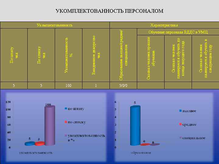 По списку чел. Укомплектованность % Ежедневное дежурство чел. Образование высшее/среднее/ специальное 5 5 100