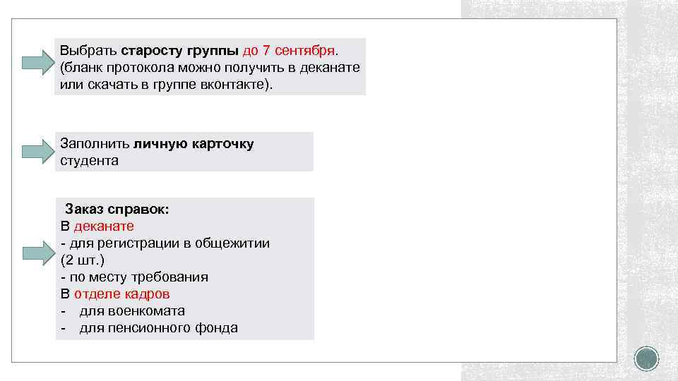 Выбрать старосту группы до 7 сентября. (бланк протокола можно получить в деканате или скачать