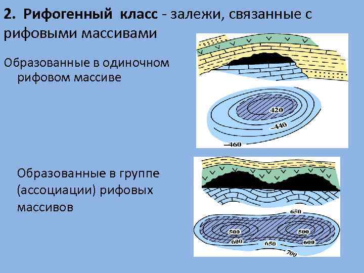 2. Рифогенный класс - залежи, связанные с рифовыми массивами Образованные в одиночном рифовом массиве