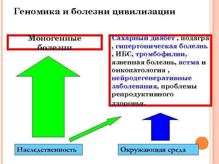 Геномика и болезни цивилизации Моногенные болезни Наследственность Сахарный диабет , подагра , гипертоническая болезнь