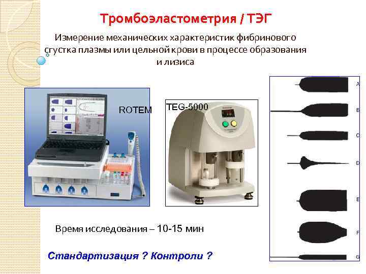 Тромбоэластометрия / ТЭГ Измерение механических характеристик фибринового сгустка плазмы или цельной крови в процессе
