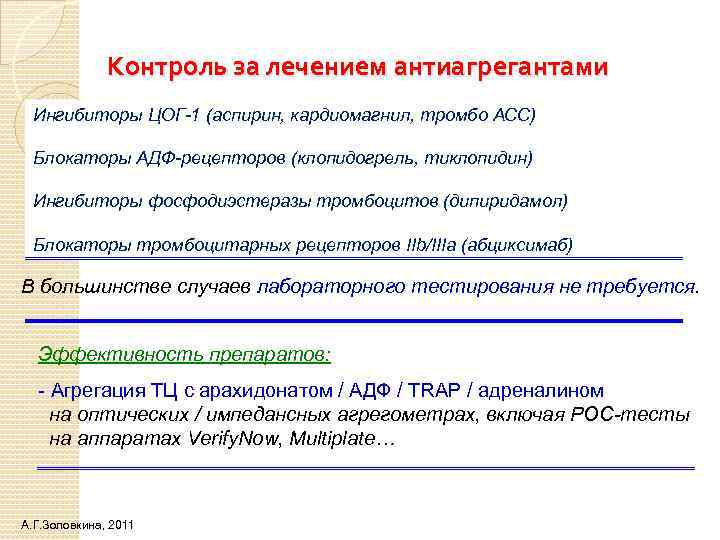 Контроль за лечением антиагрегантами Ингибиторы ЦОГ-1 (аспирин, кардиомагнил, тромбо АСС) Блокаторы АДФ-рецепторов (клопидогрель, тиклопидин)