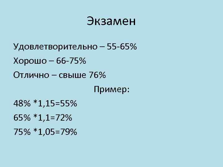 Экзамен Удовлетворительно – 55 -65% Хорошо – 66 -75% Отлично – свыше 76% Пример: