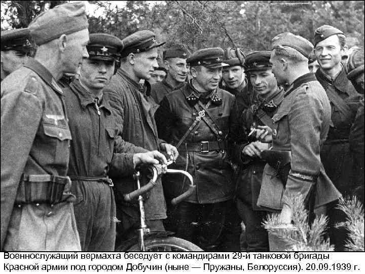 Военнослужащий вермахта беседует с командирами 29 -й танковой бригады Красной армии под городом Добучин