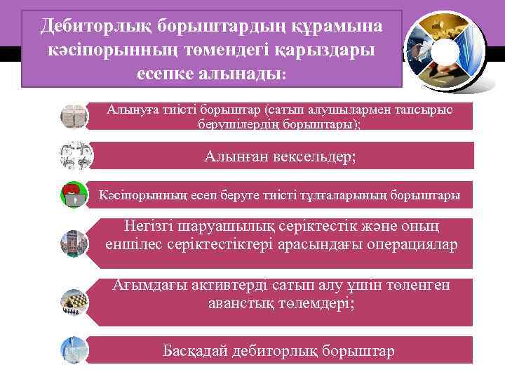 Дебиторлық борыштардың құрамына кәсіпорынның төмендегі қарыздары есепке алынады: Алынуға тиісті борыштар (сатып алушылармен тапсырыс