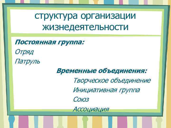 структура организации жизнедеятельности Постоянная группа: Отряд Патруль Временные объединения: Творческое объединение Инициативная группа Союз
