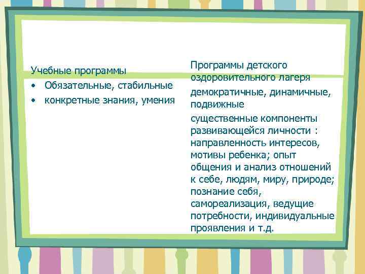 Учебные программы • Обязательные, стабильные • конкретные знания, умения Программы детского оздоровительного лагеря демократичные,