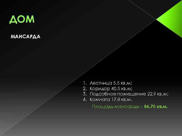 ДОМ МАНСАРДА 1. 2. 3. 4. Лестница 5. 5 кв. м; Коридор 40. 5