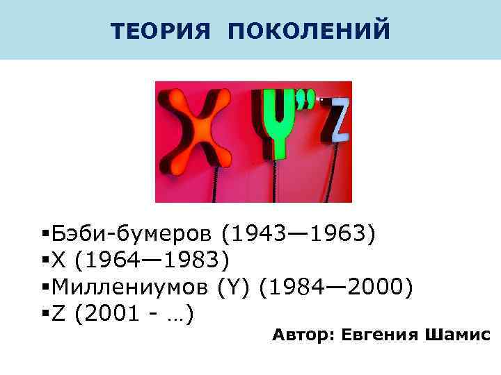 ТЕОРИЯ ПОКОЛЕНИЙ §Бэби-бумеров (1943— 1963) §X (1964— 1983) §Миллениумов (Y) (1984— 2000) §Z (2001