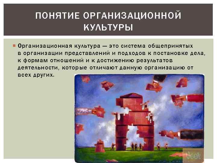 ПОНЯТИЕ ОРГАНИЗАЦИОННОЙ КУЛЬТУРЫ Организационная культура — это система общепринятых в организации представлений и подходов