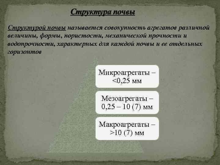 Структура почвы Структурой почвы называется совокупность агрегатов различной величины, формы, пористости, механической прочности и