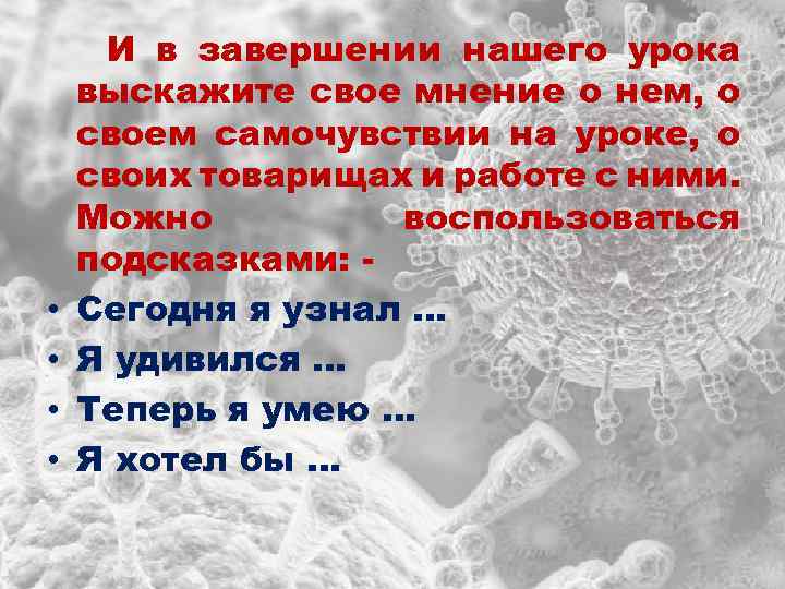  • • И в завершении нашего урока выскажите свое мнение о нем, о