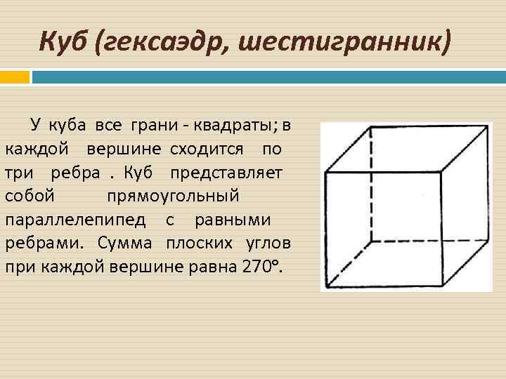 Куб (гексаэдр, шестигранник) У куба все грани - квадраты; в каждой вершине сходится по