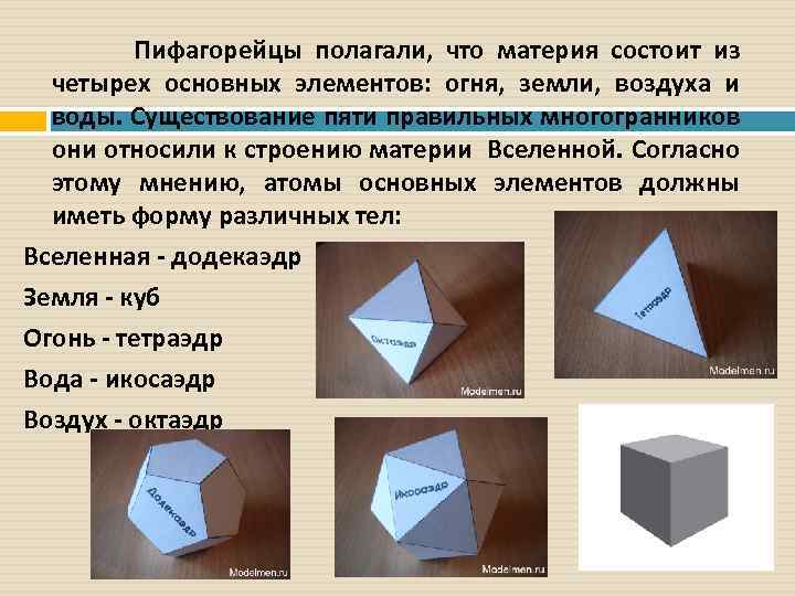  Пифагорейцы полагали, что материя состоит из четырех основных элементов: огня, земли, воздуха и