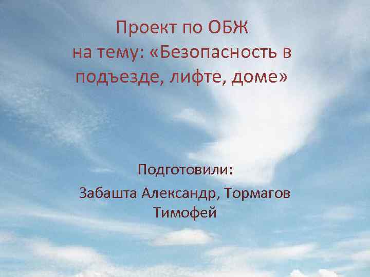 Проект по ОБЖ на тему: «Безопасность в подъезде, лифте, доме» Подготовили: Забашта Александр, Тормагов