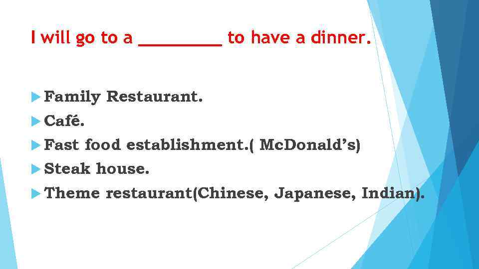 I will go to a ____ to have a dinner. Family Restaurant. Café. Fast