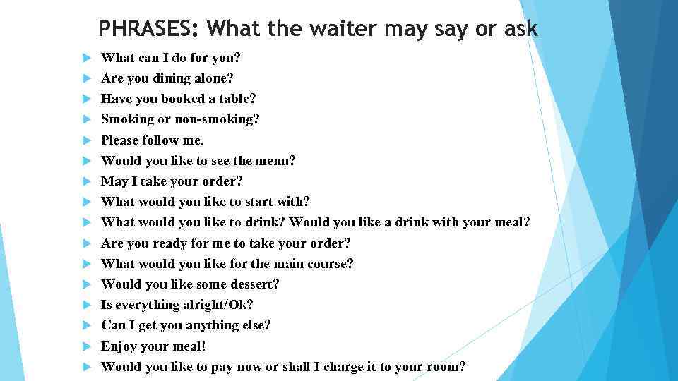 PHRASES: What the waiter may say or ask What can I do for you?