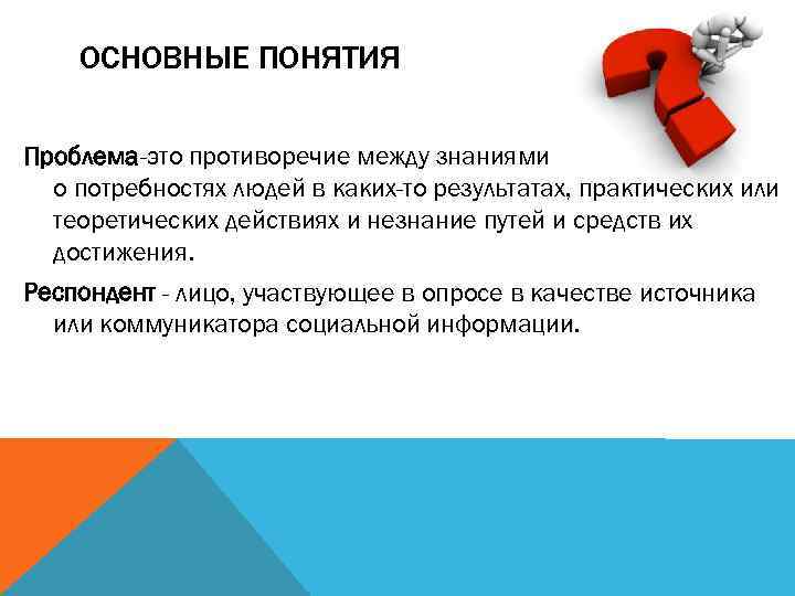 ОСНОВНЫЕ ПОНЯТИЯ Проблема-это противоречие между знаниями о потребностях людей в каких-то результатах, практических или