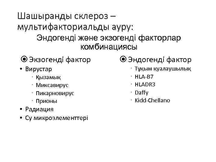 Шашыранды склероз – мультифакториальды ауру: Эндогенді және экзогенді факторлар комбинациясы Экзогенді фактор Эндогенді фактор