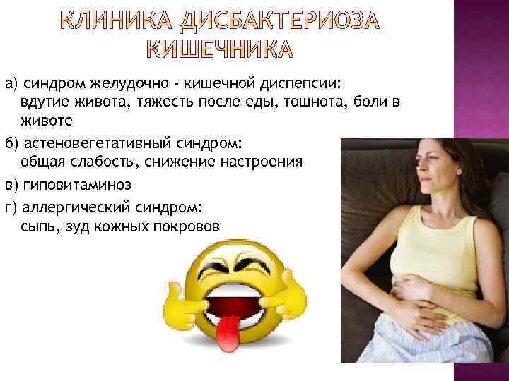 а) синдром желудочно - кишечной диспепсии: вдутие живота, тяжесть после еды, тошнота, боли в