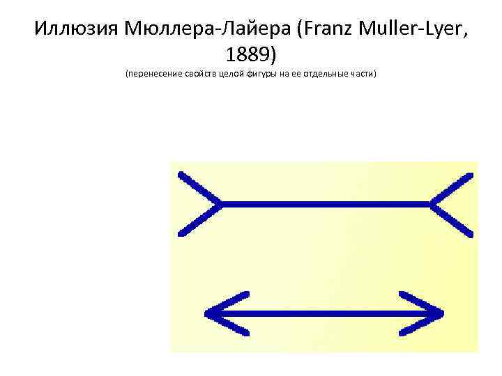 Иллюзия Мюллера-Лайера (Franz Muller-Lyer, 1889) (перенесение свойств целой фигуры на ее отдельные части) 