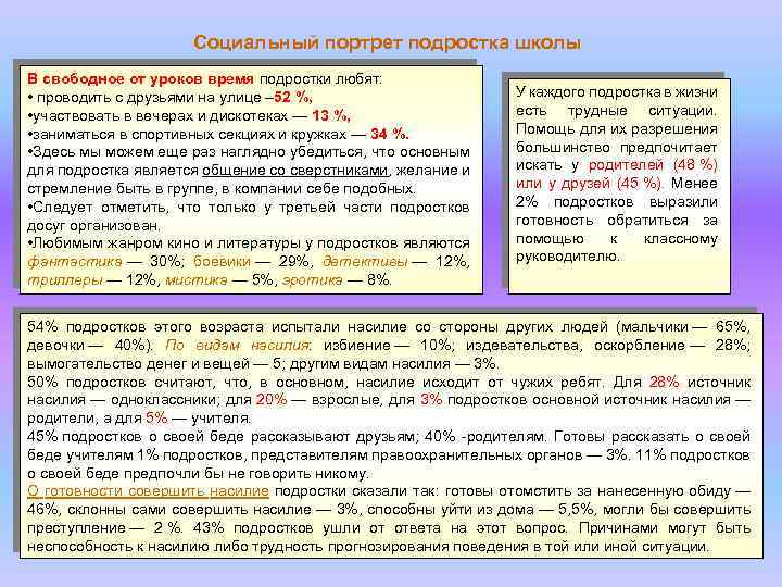 Социальный портрет подростка школы В свободное от уроков время подростки любят: • проводить с