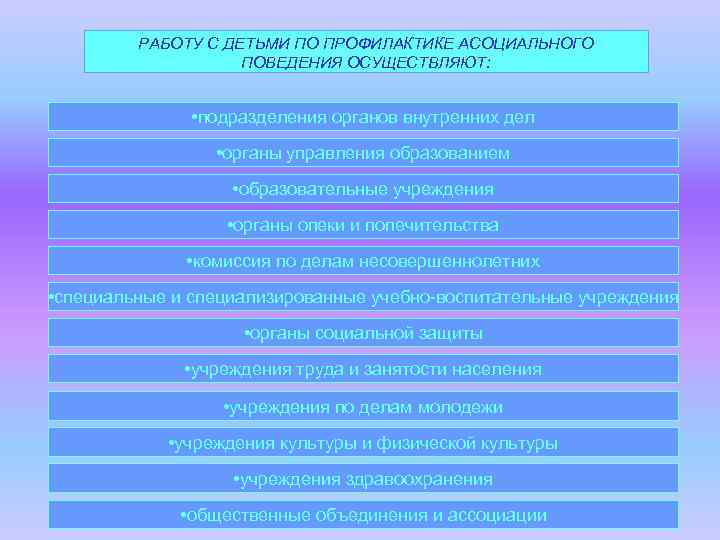 РАБОТУ С ДЕТЬМИ ПО ПРОФИЛАКТИКЕ АСОЦИАЛЬНОГО ПОВЕДЕНИЯ ОСУЩЕСТВЛЯЮТ: • подразделения органов внутренних дел •