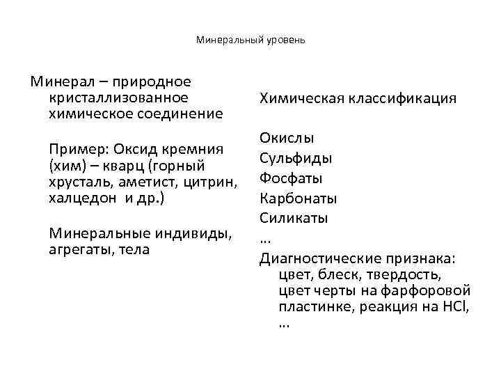 Минеральный уровень Минерал – природное кристаллизованное химическое соединение Пример: Оксид кремния (хим) – кварц