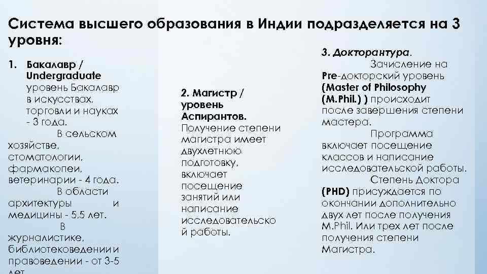 Система высшего образования в Индии подразделяется на 3 уровня: 1. Бакалавр / Undergraduate уровень