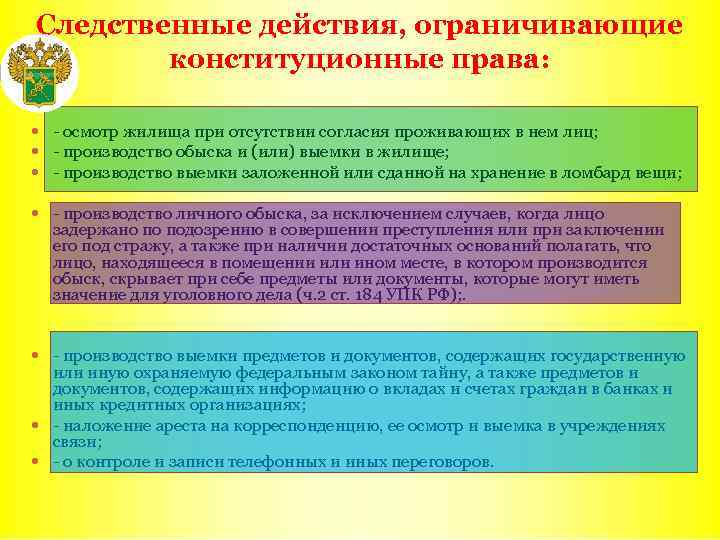 Следственные действия, ограничивающие конституционные права: - осмотр жилища при отсутствии согласия проживающих в нем