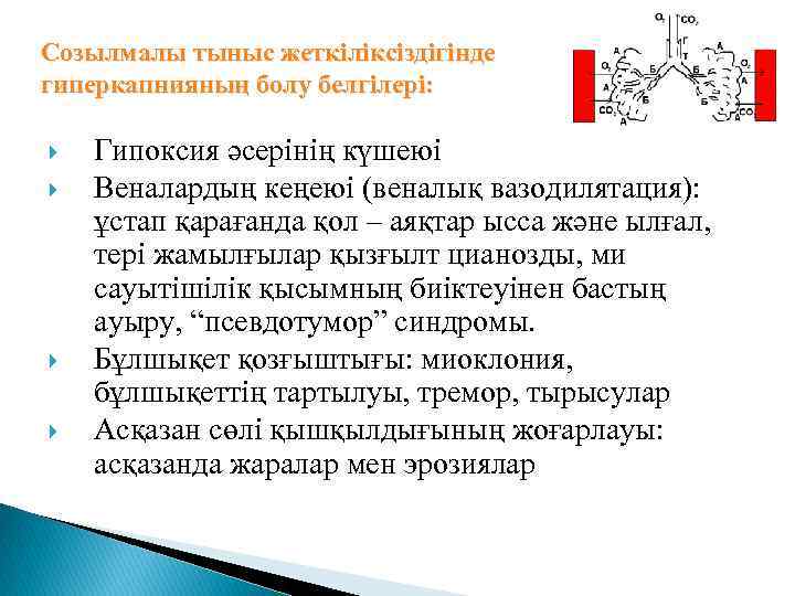 Созылмалы тыныс жеткіліксіздігінде гиперкапнияның болу белгілері: Гипоксия әсерінің күшеюі Веналардың кеңеюі (веналық вазодилятация): ұстап