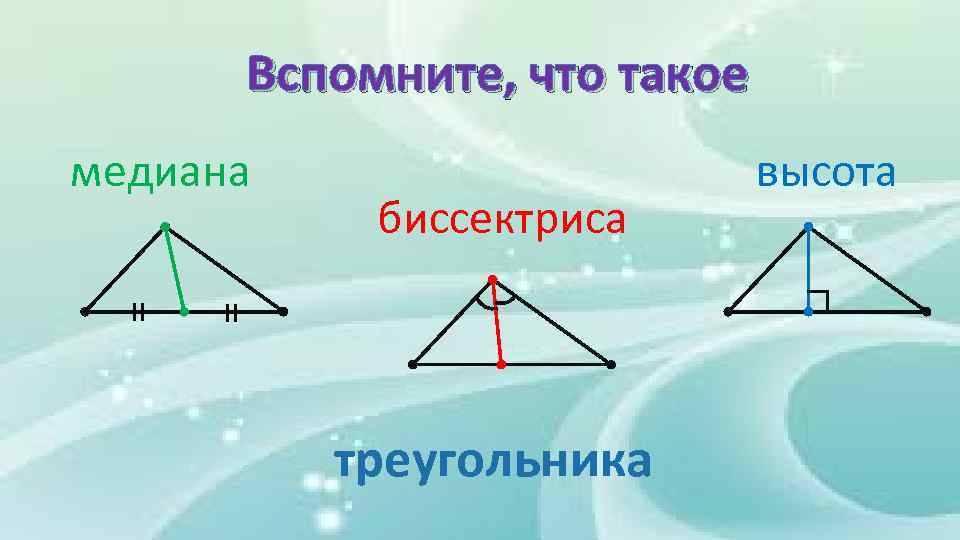 Вспомните, что такое медиана биссектриса = = треугольника высота 