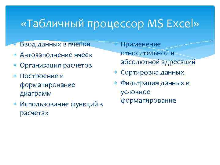  «Табличный процессор MS Excel» Ввод данных в ячейки Автозаполнение ячеек Организация расчетов Построение