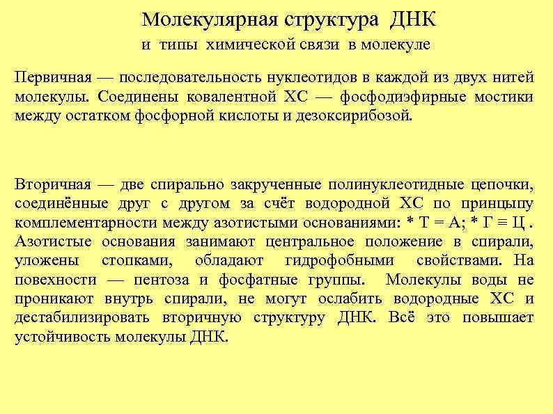  Молекулярная структура ДНК и типы химической связи в молекуле Первичная — последовательность нуклеотидов